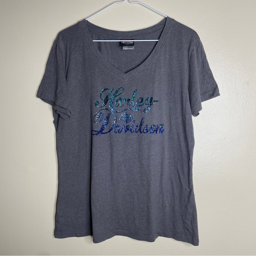 Harley-Davidson sequined logo grey V-neck graphic t-shirt - size XL